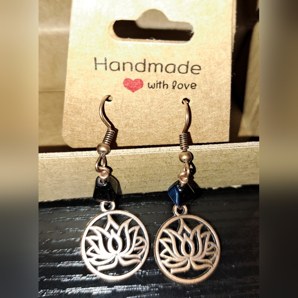 Copper Lotus Flower Charm & Irridescent Blue Trapezoid Beaded Dangle Earrings